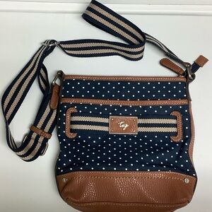 Super Cute TIG Navy and Tan cotton hipster crossbody bag, woven adjustable strap